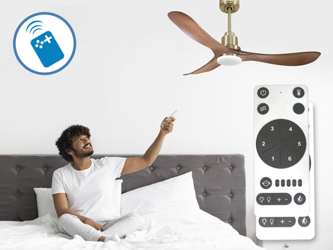 Ventilador de techo Reversible Termostato Dimable Wifi Motor DC Techos Inclinados Mando a Distancia Luz tres tonos Hypersilence Memoria 4