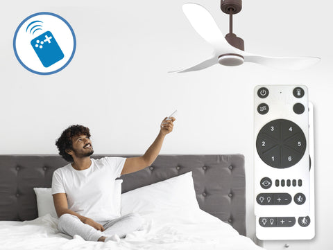Ventilador de techo Reversible Termostato Dimable Wifi Motor DC Techos Inclinados Mando a Distancia Luz tres tonos Hypersilence Memoria 3