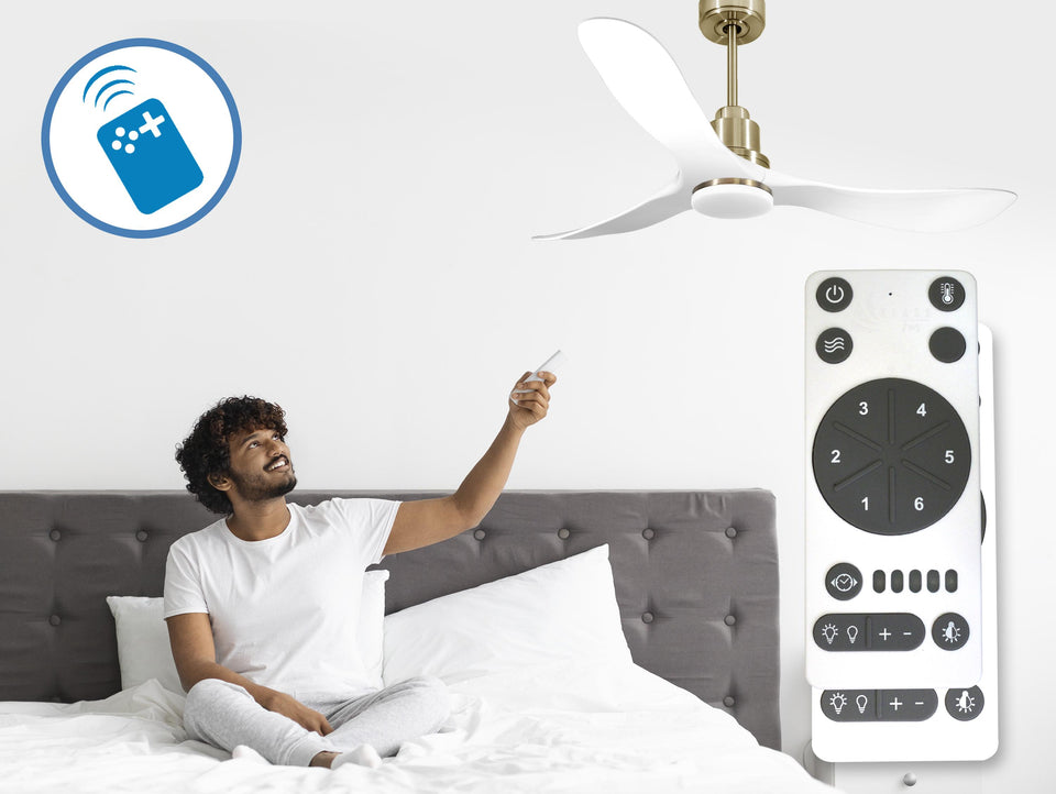 Ventilador de techo Reversible Termostato Dimable Wifi Motor DC Techos Inclinados Mando a Distancia Luz tres tonos Hypersilence Memoria 7