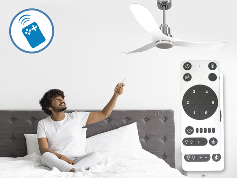 Ventilador de techo Reversible Termostato Dimable Wifi Motor DC Techos Inclinados Mando a Distancia Luz tres tonos Hypersilence Memoria 6