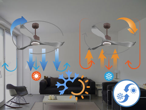 Ventilador de techo Reversible Termostato Dimable Wifi Motor DC Techos Inclinados Mando a Distancia Luz tres tonos Memoria 6