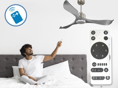 Ventilador de techo Reversible Termostato Dimable Wifi Motor DC Techos Inclinados Mando a Distancia Luz tres tonos Memoria 3