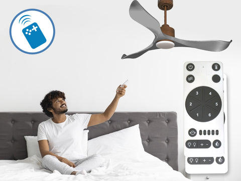 Ventilador de techo Reversible Termostato Dimable Wifi Motor DC Techos Inclinados Mando a Distancia Luz tres tonos Memoria 2
