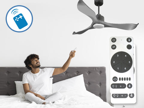 Ventilador de techo Reversible Termostato Dimable Wifi Motor DC Techos Inclinados Mando a Distancia Luz tres tonos Memoria 3