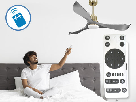 Ventilador de techo Modo Invierno/Verano Termostato Dimable Wifi Motor DC Techos Inclinados Mando a Distancia Luz tres tonos Hypersilence Memoria