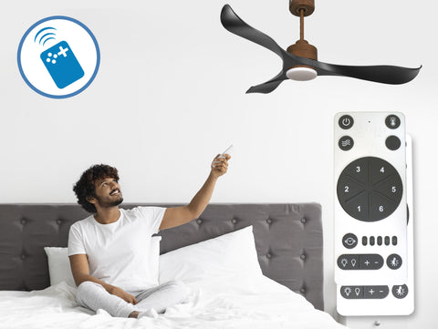 Ventilador de techo Reversible Termostato Dimable Wifi Motor DC Techos Inclinados Mando a Distancia Luz tres tonos Adaptador 2/3 Aspas Hypersilence Memoria 5