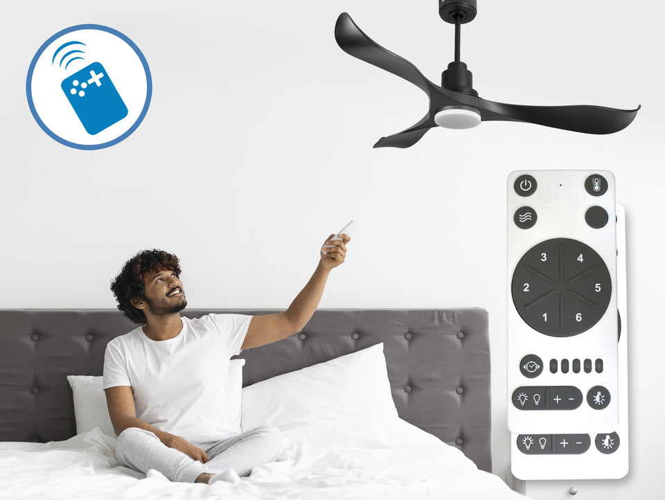 Ventilador de techo Reversible Termostato Dimable Wifi Motor DC Techos Inclinados Mando a Distancia Luz tres tonos Adaptador 2/3 Aspas Hypersilence Memoria 5