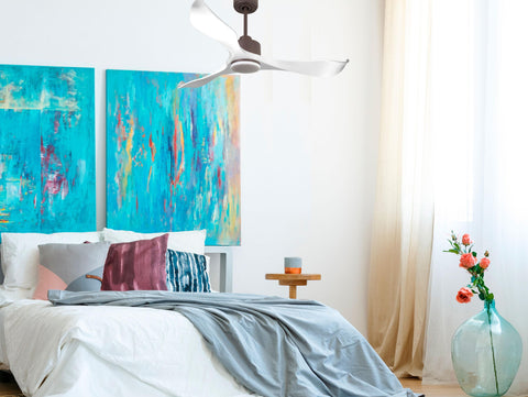 Ventilador de techo Reversible Termostato Dimable Wifi Motor DC Techos Inclinados Mando a Distancia Luz tres tonos Adaptador 2/3 Aspas Hypersilence Memoria 7