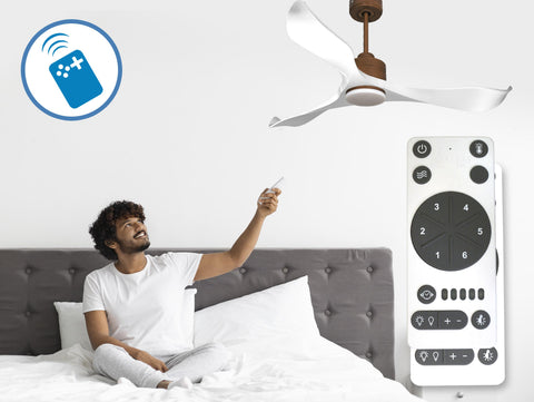 Ventilador de techo Reversible Termostato Dimable Wifi Motor DC Techos Inclinados Mando a Distancia Luz tres tonos Adaptador 2/3 Aspas Hypersilence Memoria 5