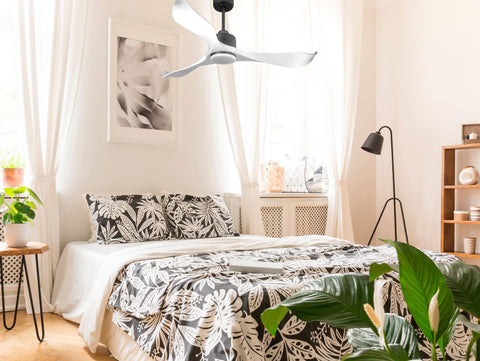 Ventilador de techo Reversible Termostato Dimable Wifi Motor DC Techos Inclinados Mando a Distancia Luz tres tonos Adaptador 2/3 Aspas Hypersilence Memoria 7