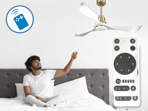 Ventilador de techo Reversible Termostato Dimable Wifi Motor DC Techos Inclinados Mando a Distancia Luz tres tonos Adaptador 2/3 Aspas Hypersilence Memoria 5