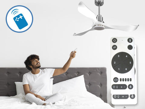 Ventilador de techo Reversible Termostato Dimable Wifi Motor DC Techos Inclinados Mando a Distancia Luz tres tonos Adaptador 2/3 Aspas Hypersilence Memoria 6