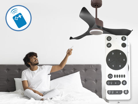 Ventilador de techo Reversible Termostato Dimable Wifi Motor DC Techos Inclinados Mando a Distancia Luz tres tonos Adaptador 2/3 Aspas Hypersilence Memoria 3