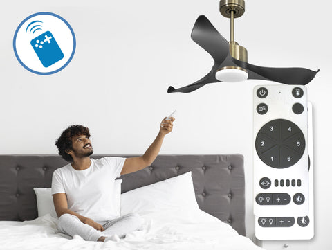 Ventilador de techo Reversible Termostato Dimable Wifi Motor DC Techos Inclinados Mando a Distancia Luz tres tonos Adaptador 2/3 Aspas Hypersilence Memoria 4