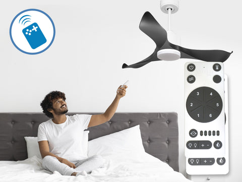 Ventilador de techo Reversible Termostato Dimable Wifi Motor DC Techos Inclinados Mando a Distancia Luz tres tonos Adaptador 2/3 Aspas Hypersilence Memoria 6