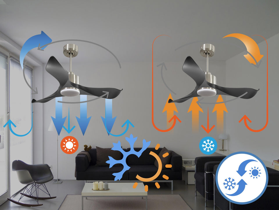 Ventilador de techo Reversible Termostato Dimable Wifi Motor DC Techos Inclinados Mando a Distancia Luz tres tonos Adaptador 2/3 Aspas Hypersilence Memoria 2