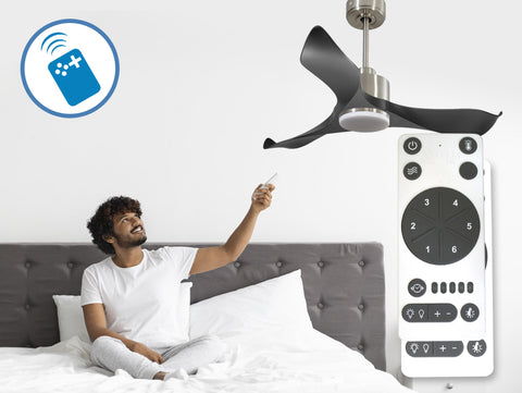 Ventilador de techo Reversible Termostato Dimable Wifi Motor DC Techos Inclinados Mando a Distancia Luz tres tonos Adaptador 2/3 Aspas Hypersilence Memoria 3