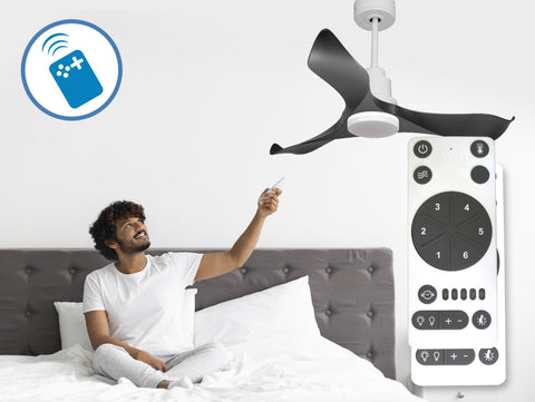 Ventilador de techo Reversible Termostato Dimable Wifi Motor DC Techos Inclinados Mando a Distancia Luz tres tonos Adaptador 2/3 Aspas Hypersilence Memoria 4