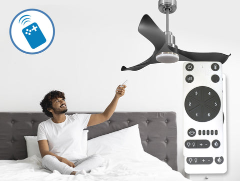 Ventilador de techo Reversible Termostato Dimable Wifi Motor DC Techos Inclinados Mando a Distancia Luz tres tonos Adaptador 2/3 Aspas Hypersilence Memoria 7