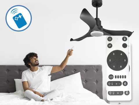 Ventilador de techo Reversible Termostato Dimable Wifi Motor DC Techos Inclinados Mando a Distancia Luz tres tonos Adaptador 2/3 Aspas Hypersilence Memoria 7