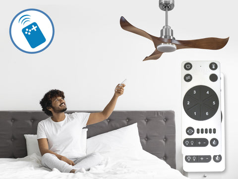 Ventilador de techo Reversible Termostato Dimable Wifi Motor DC Techos Inclinados Mando a Distancia Luz tres tonos Adaptador 2/3 Aspas Hypersilence Memoria 7