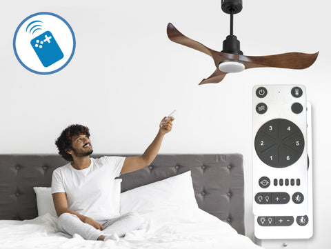 Ventilador de techo Reversible Termostato Dimable Wifi Motor DC Techos Inclinados Mando a Distancia Luz tres tonos Adaptador 2/3 Aspas Hypersilence Memoria 6