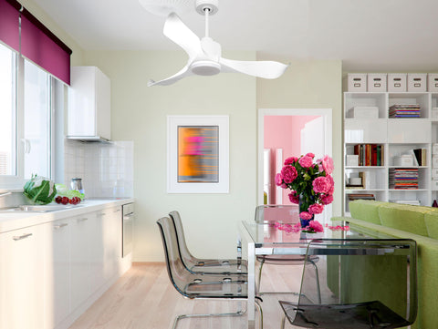 Ventilador de techo Reversible Termostato Dimable Wifi Motor DC Techos Inclinados Mando a Distancia Luz tres tonos Adaptador 2/3 Aspas Hypersilence Memoria 6