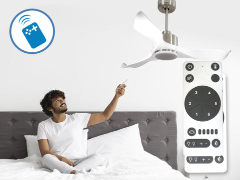 Ventilador de techo Reversible Termostato Dimable Wifi Motor DC Techos Inclinados Mando a Distancia Luz tres tonos Adaptador 2/3 Aspas Hypersilence Memoria 2