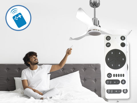 Ventilador de techo Reversible Termostato Dimable Wifi Motor DC Techos Inclinados Mando a Distancia Luz tres tonos Adaptador 2/3 Aspas Hypersilence Memoria 6