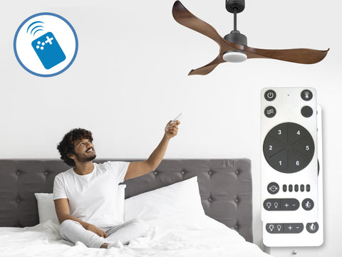 Ventilador de techo Reversible Termostato Dimable Wifi Motor DC Techos Inclinados Mando a Distancia Luz tres tonos Adaptador 2/3 Aspas Hypersilence Memoria 2