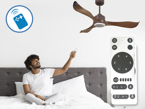 Ventilador de techo Reversible Termostato Dimable Wifi Motor DC Techos Inclinados Mando a Distancia Luz tres tonos Adaptador 2/3 Aspas Hypersilence Memoria 4